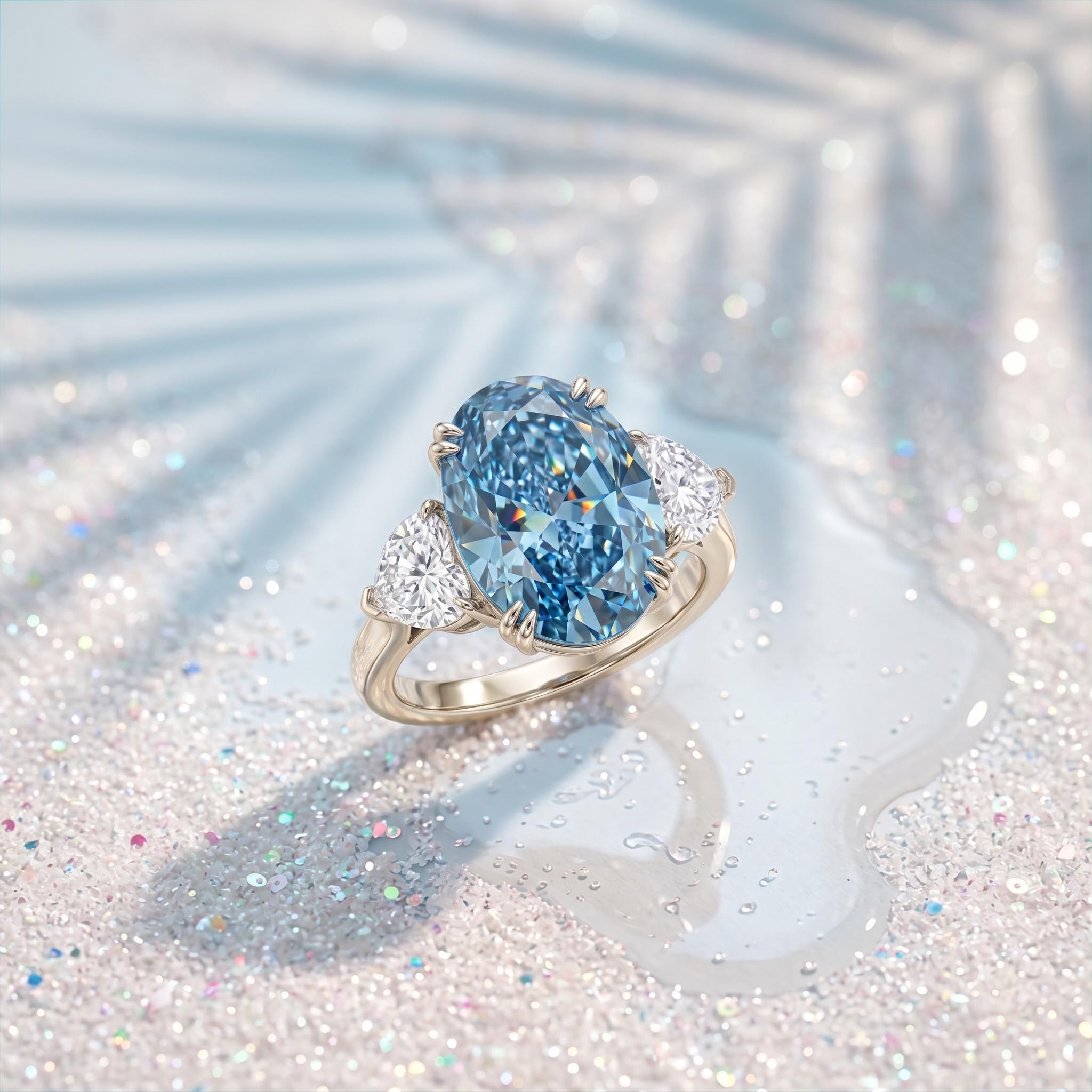 7CT Blue Oval Cut Three Stone Diamond Engagement Ring