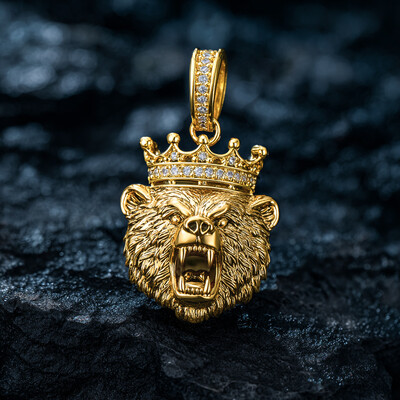 Iced Out Angry Bear Head Crown Pendant