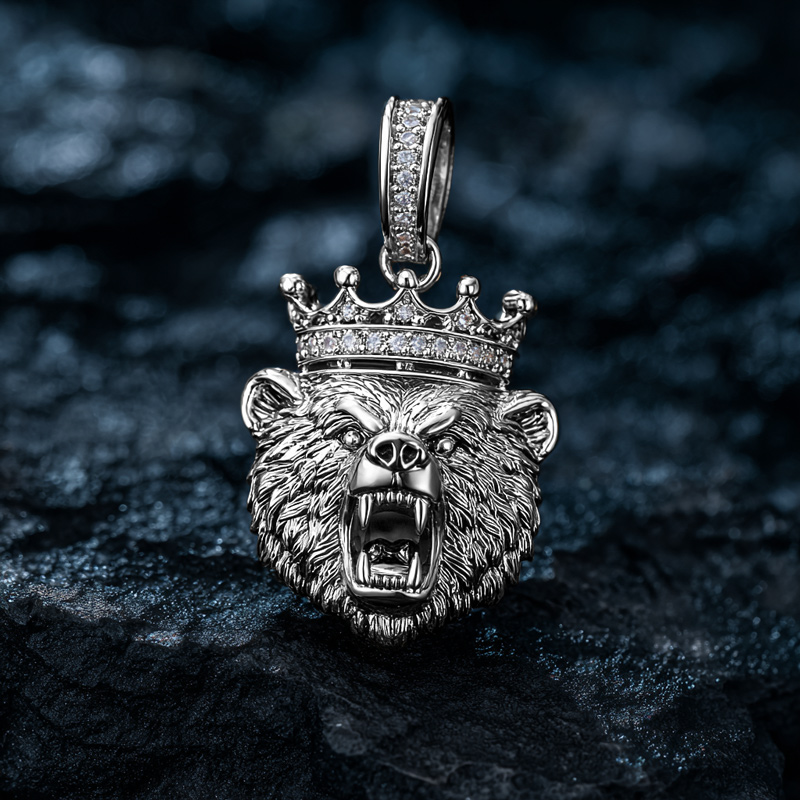 Iced Out Angry Bear Head Crown Pendant