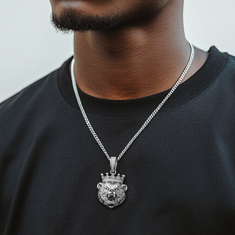 Iced Out Angry Bear Head Crown Pendant