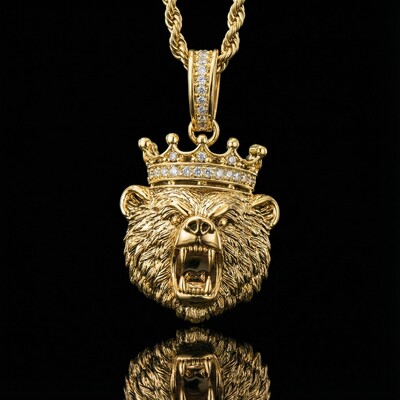 Iced Out Angry Bear Head Crown Pendant