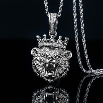 Iced Out Angry Bear Head Crown Pendant