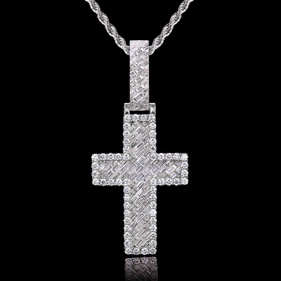 Iced Out Baguette & Round Cut Cross Pendant