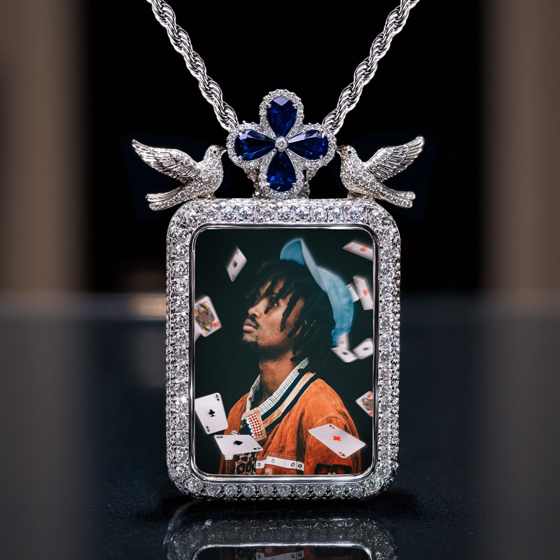 Ice Out Peace Dove Four-Leaf Clover Custom Rectangle Photo Pendant