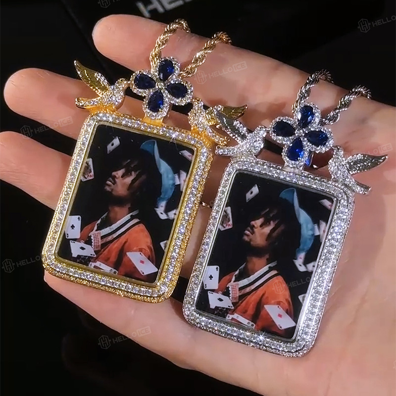 Ice Out Peace Dove Four-Leaf Clover Custom Rectangle Photo Pendant