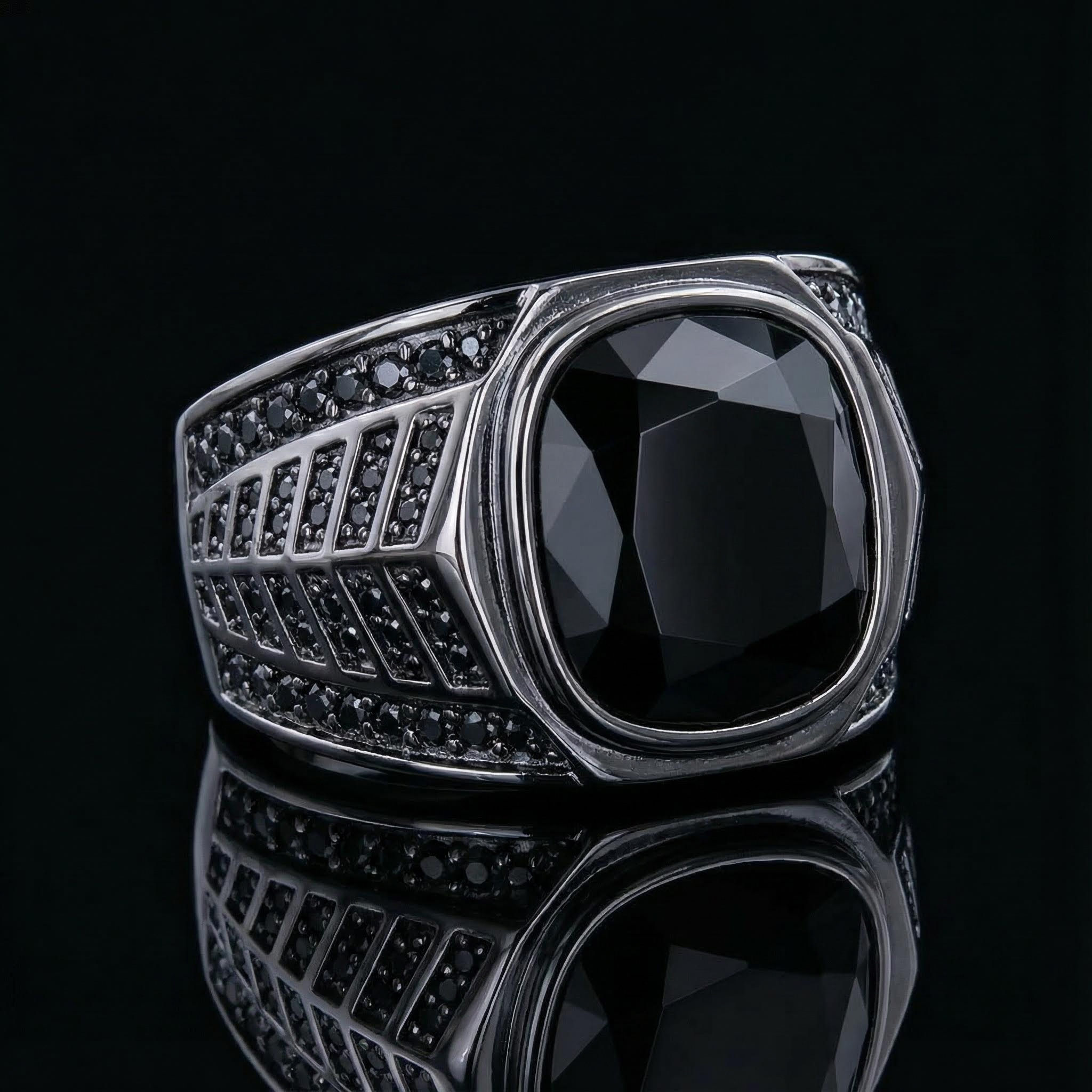 Iced Black Onyx Ring in Black Gold
