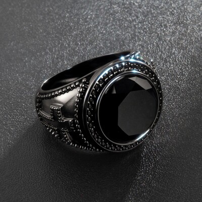Iced Black Onyx Cross Ring in Black Gold