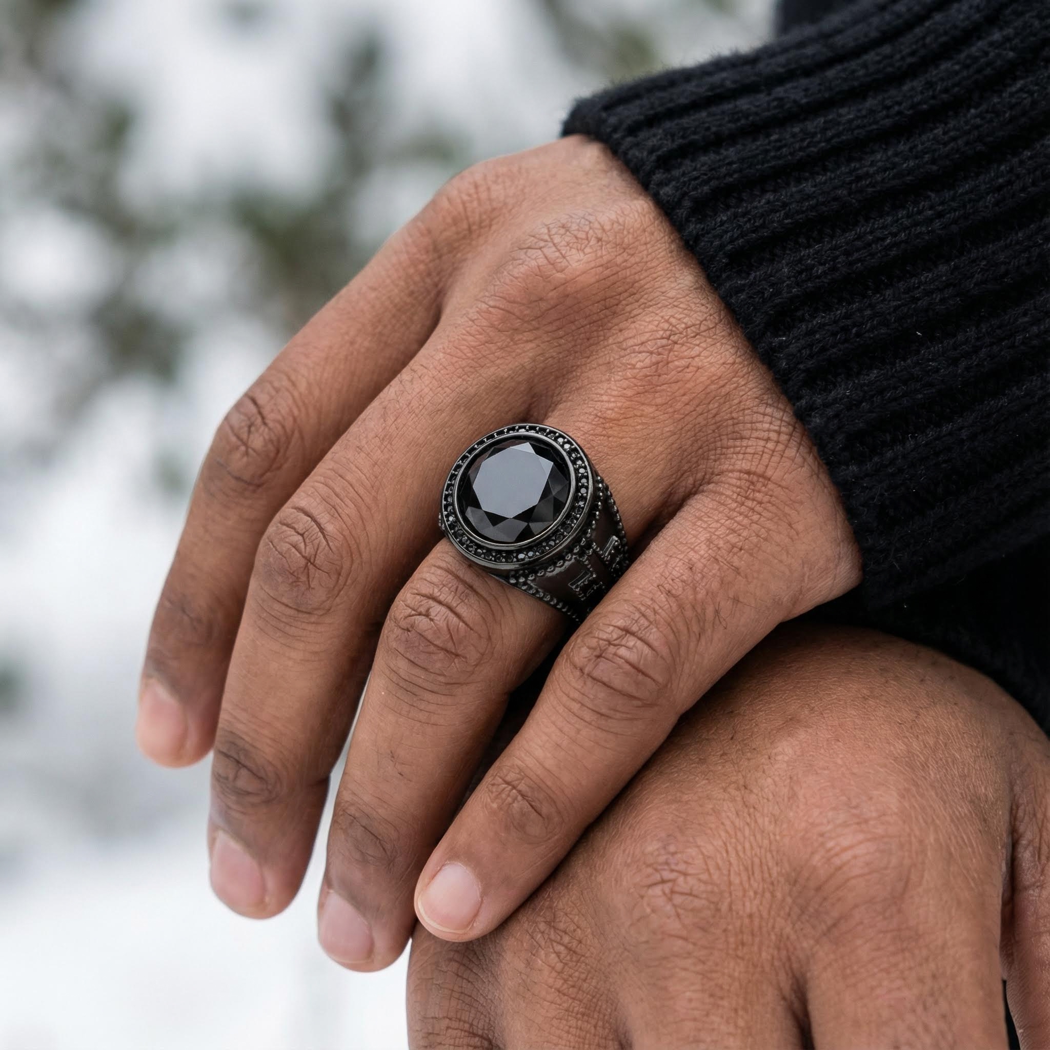 Iced Black Onyx Cross Ring in Black Gold