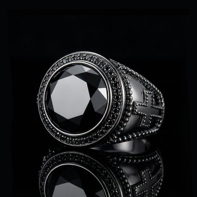 Iced Black Onyx Cross Ring in Black Gold