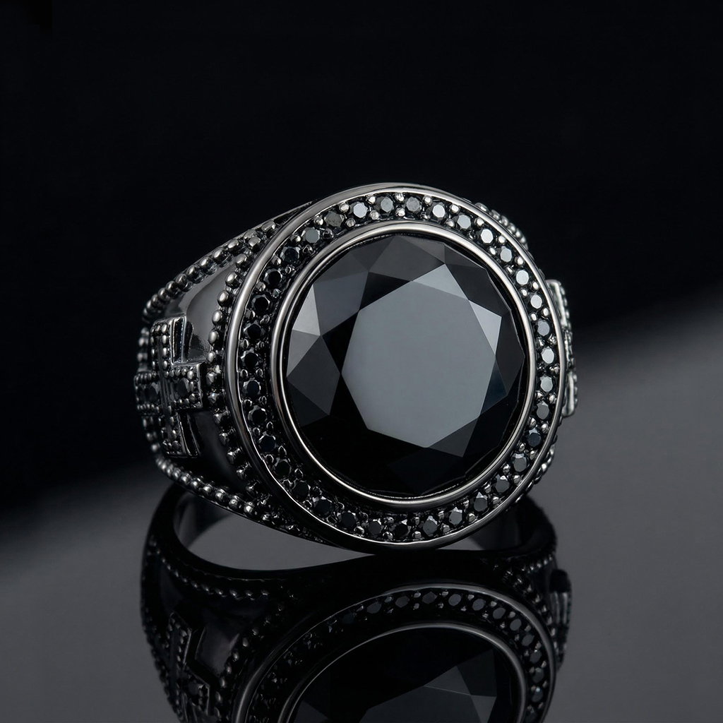 Iced Black Onyx Cross Ring in Black Gold