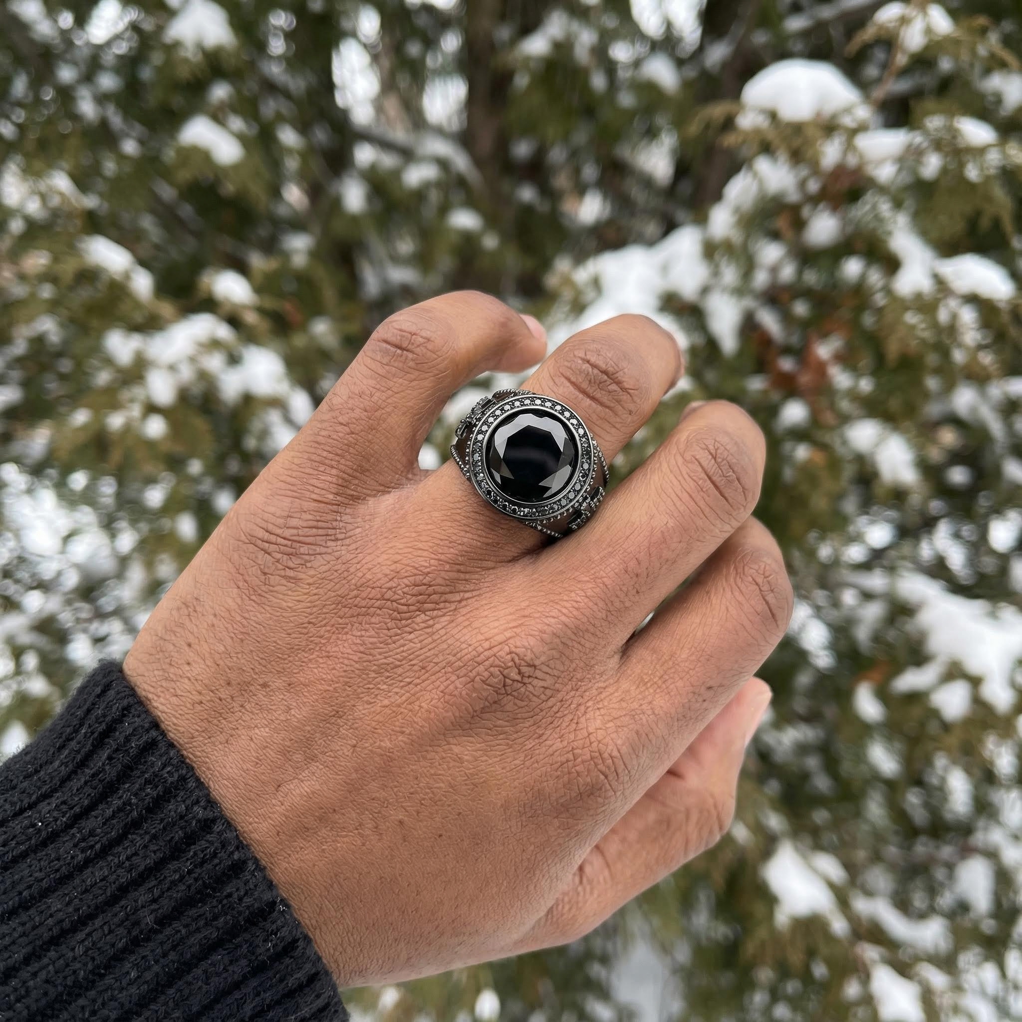 Iced Black Onyx Cross Ring in Black Gold