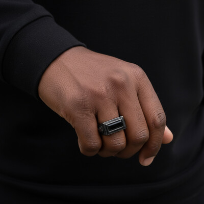 Iced Black Onyx Leon Ring in Black Gold