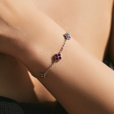 S925 Silver Four-Leaf Clover  Colorful Diamond Bracelet