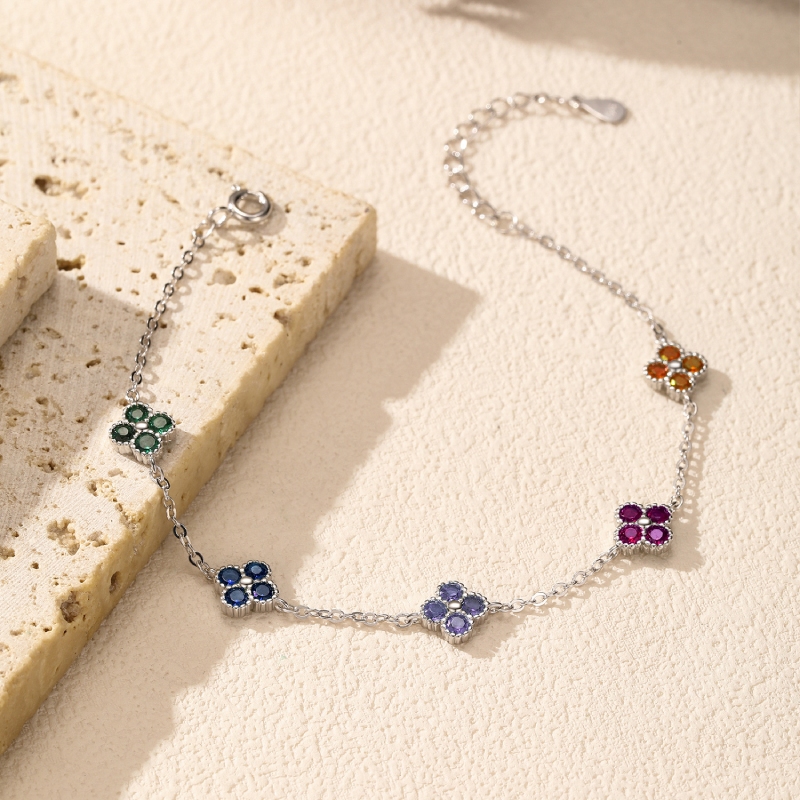 S925 Silver Four-Leaf Clover  Colorful Diamond Bracelet