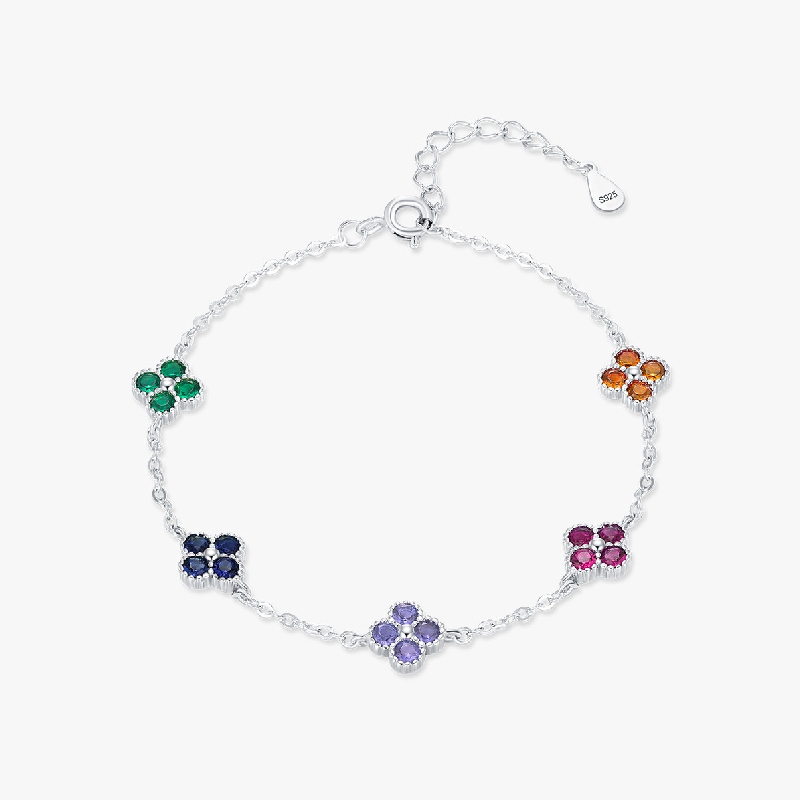S925 Silver Four-Leaf Clover  Colorful Diamond Bracelet