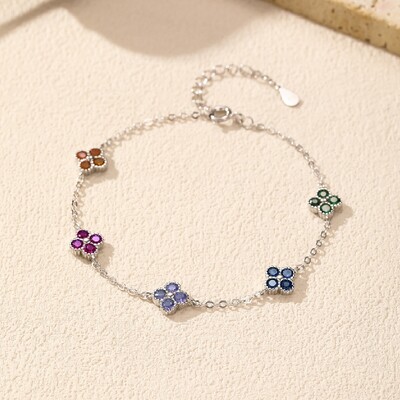 S925 Silver Four-Leaf Clover  Colorful Diamond Bracelet