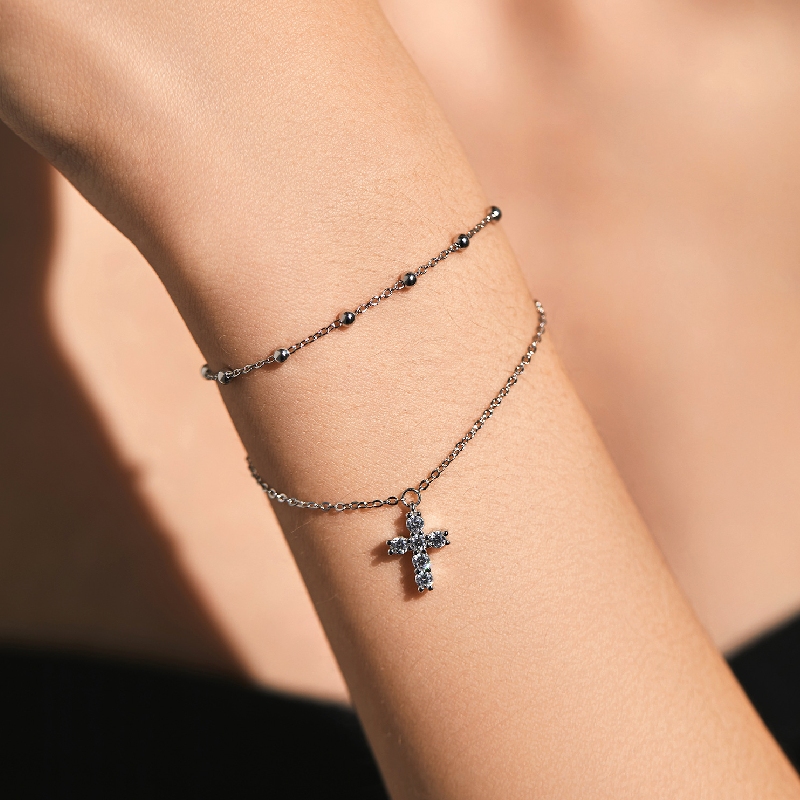 S925 Silver Double Layer Cross Adjustable Bracelet
