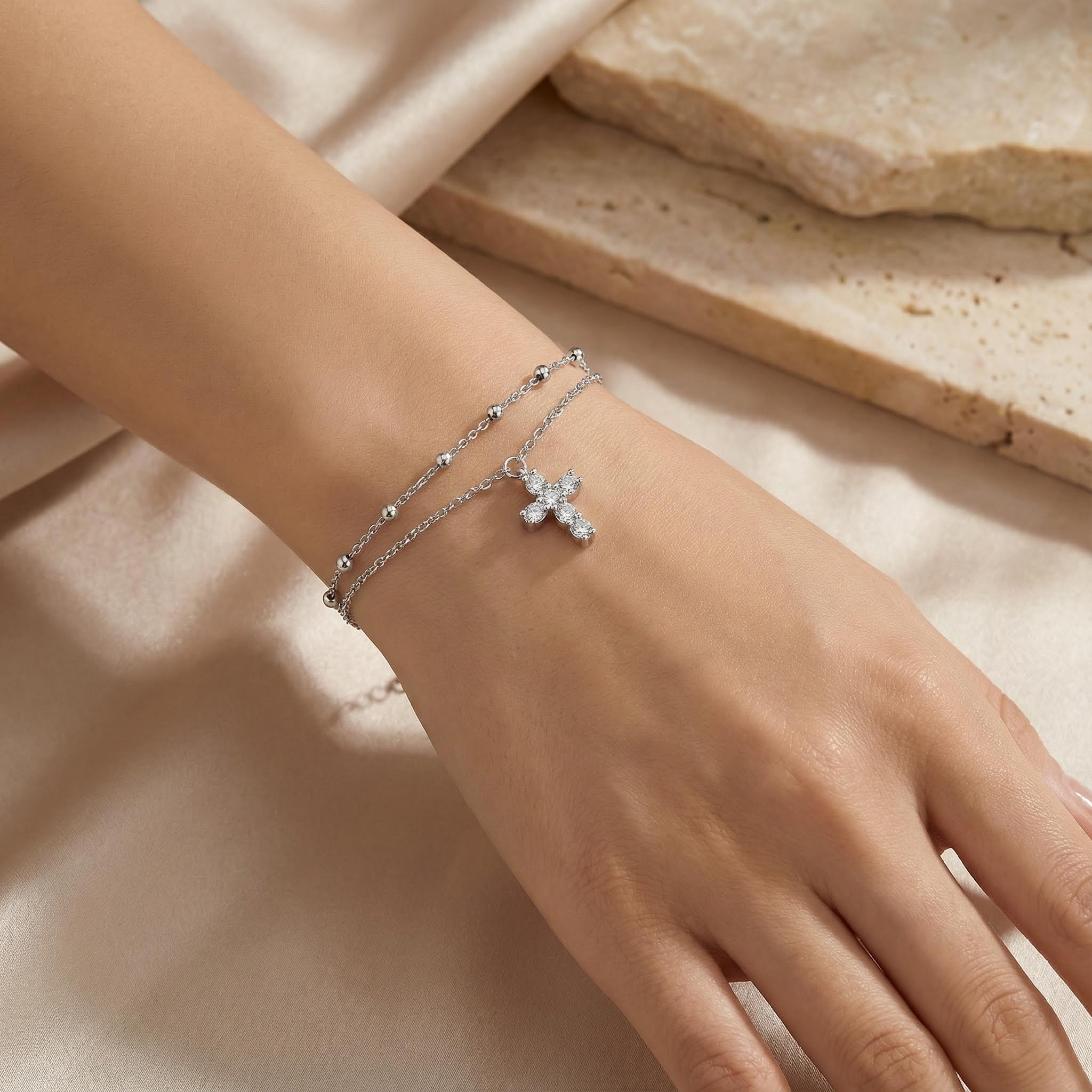 S925 Silver Double Layer Cross Adjustable Bracelet