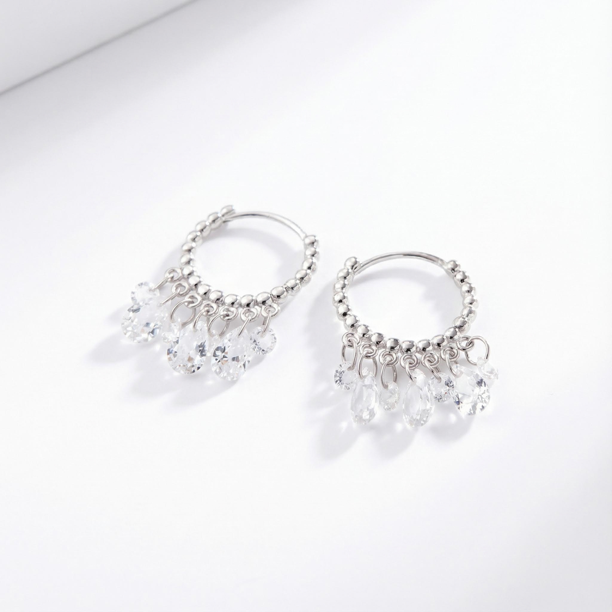 S925 Silver Diamond Dangle Hoop Earrings with Crystal Droplets