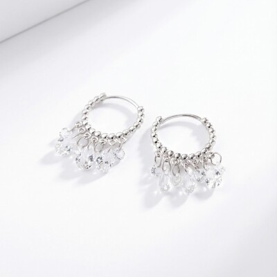 S925 Silver Diamond Dangle Hoop Earrings with Crystal Droplets
