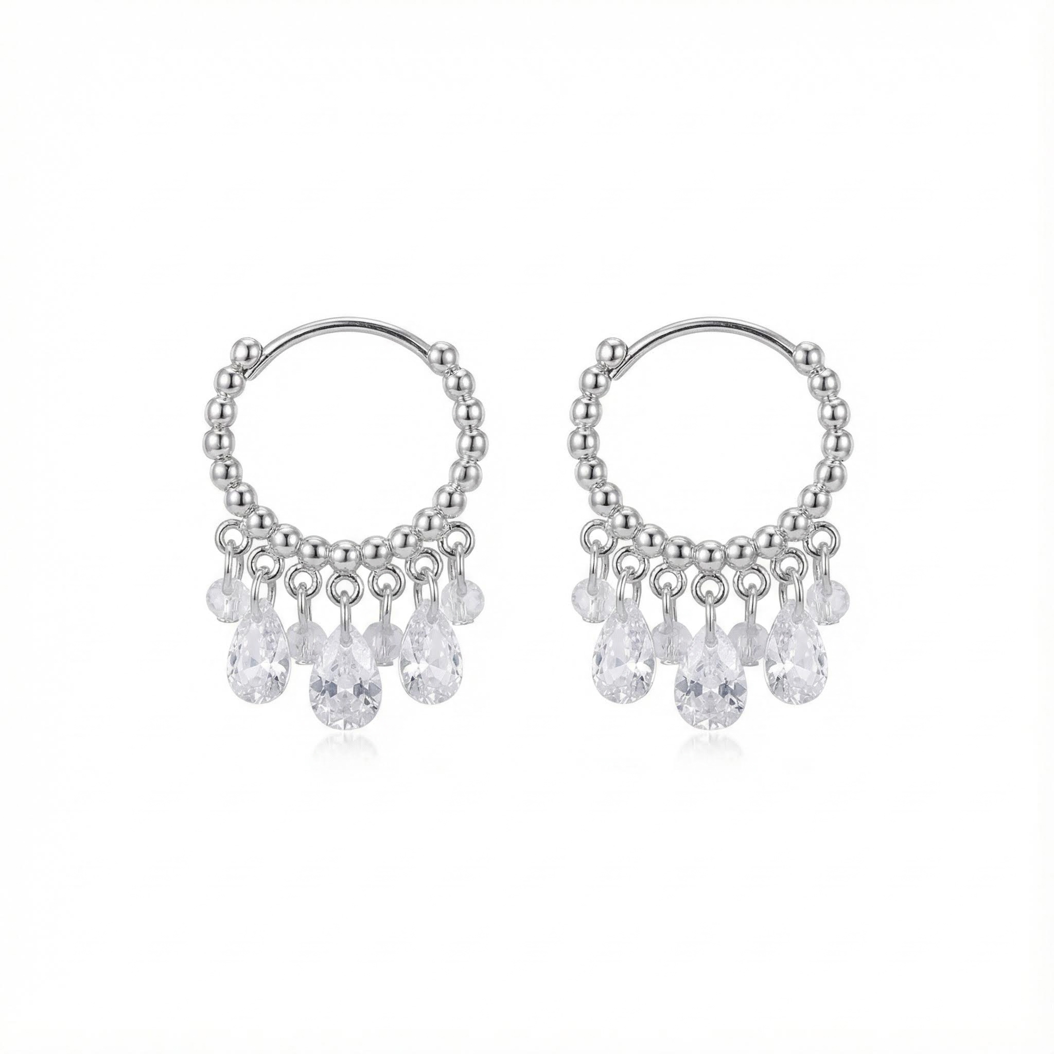 S925 Silver Diamond Dangle Hoop Earrings with Crystal Droplets