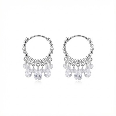 S925 Silver Diamond Dangle Hoop Earrings with Crystal Droplets