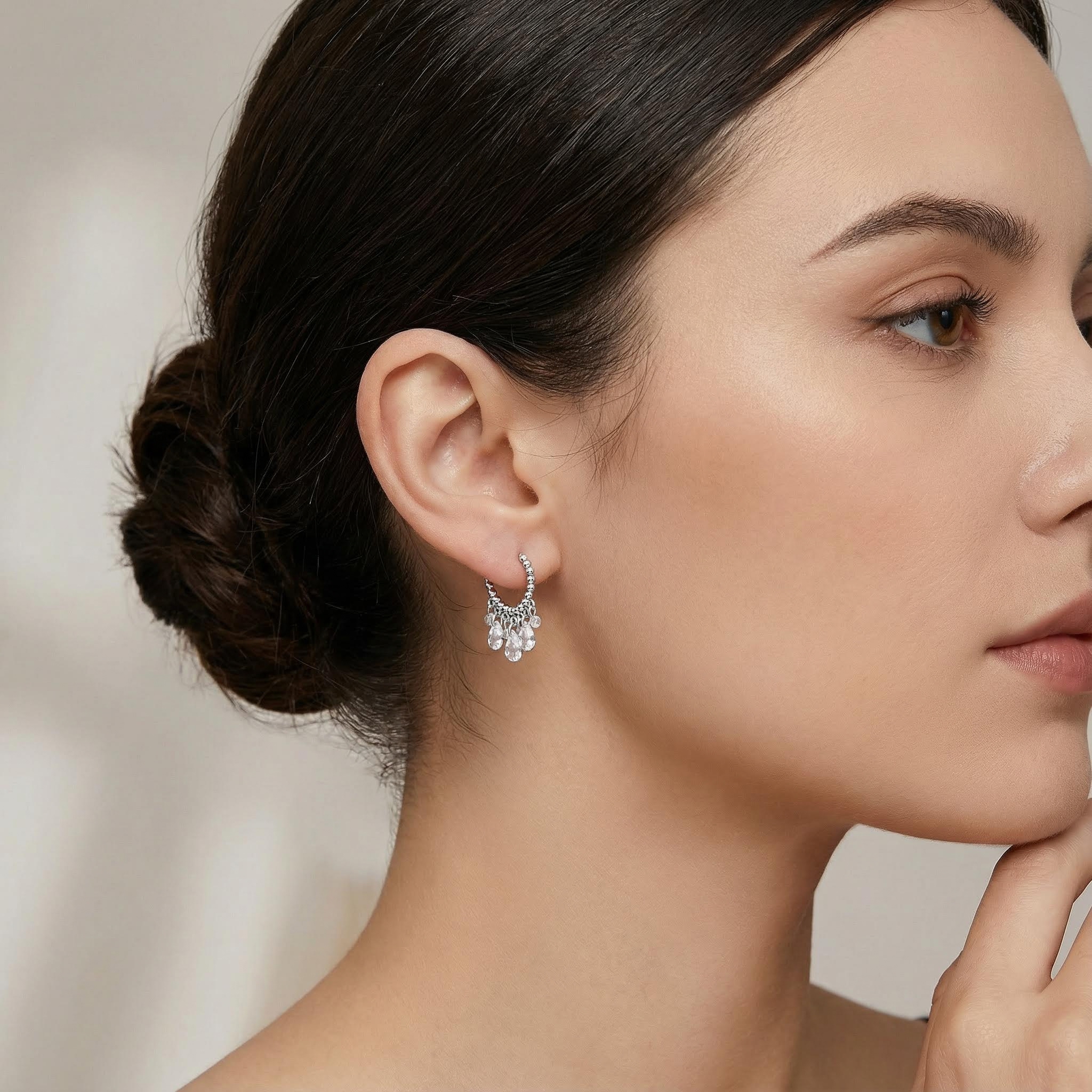 S925 Silver Diamond Dangle Hoop Earrings with Crystal Droplets