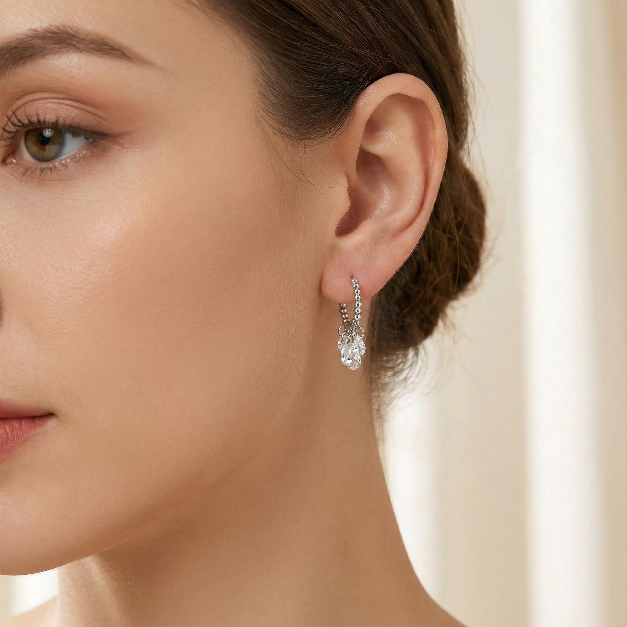 S925 Silver Diamond Dangle Hoop Earrings with Crystal Droplets