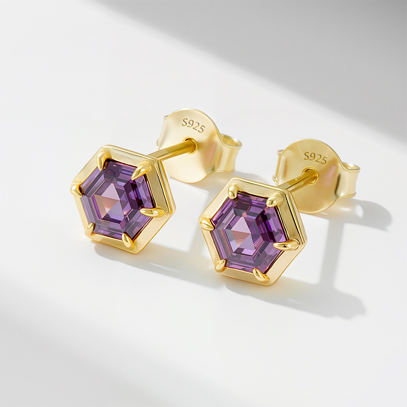 S925 Silver Purple Hexagonal Stud Earrings