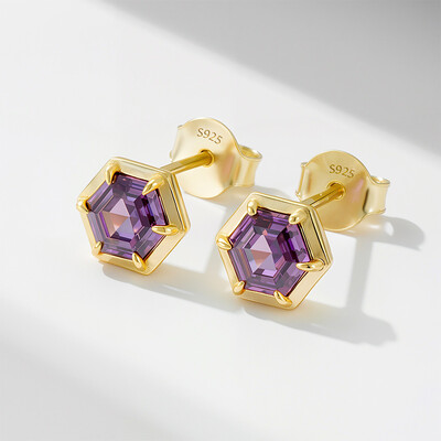 S925 Silver Purple Hexagonal Stud Earrings