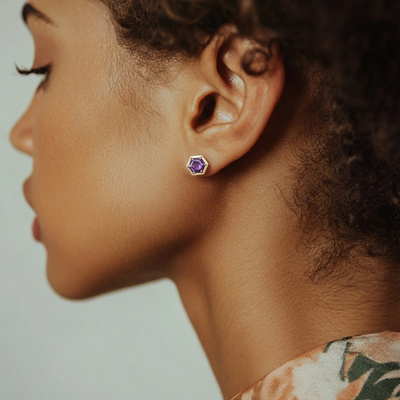 S925 Silver Purple Hexagonal Earrings