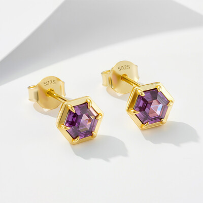 S925 Silver Purple Hexagonal Stud Earrings