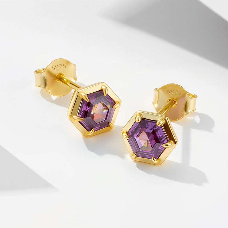 S925 Silver Purple Hexagonal Stud Earrings