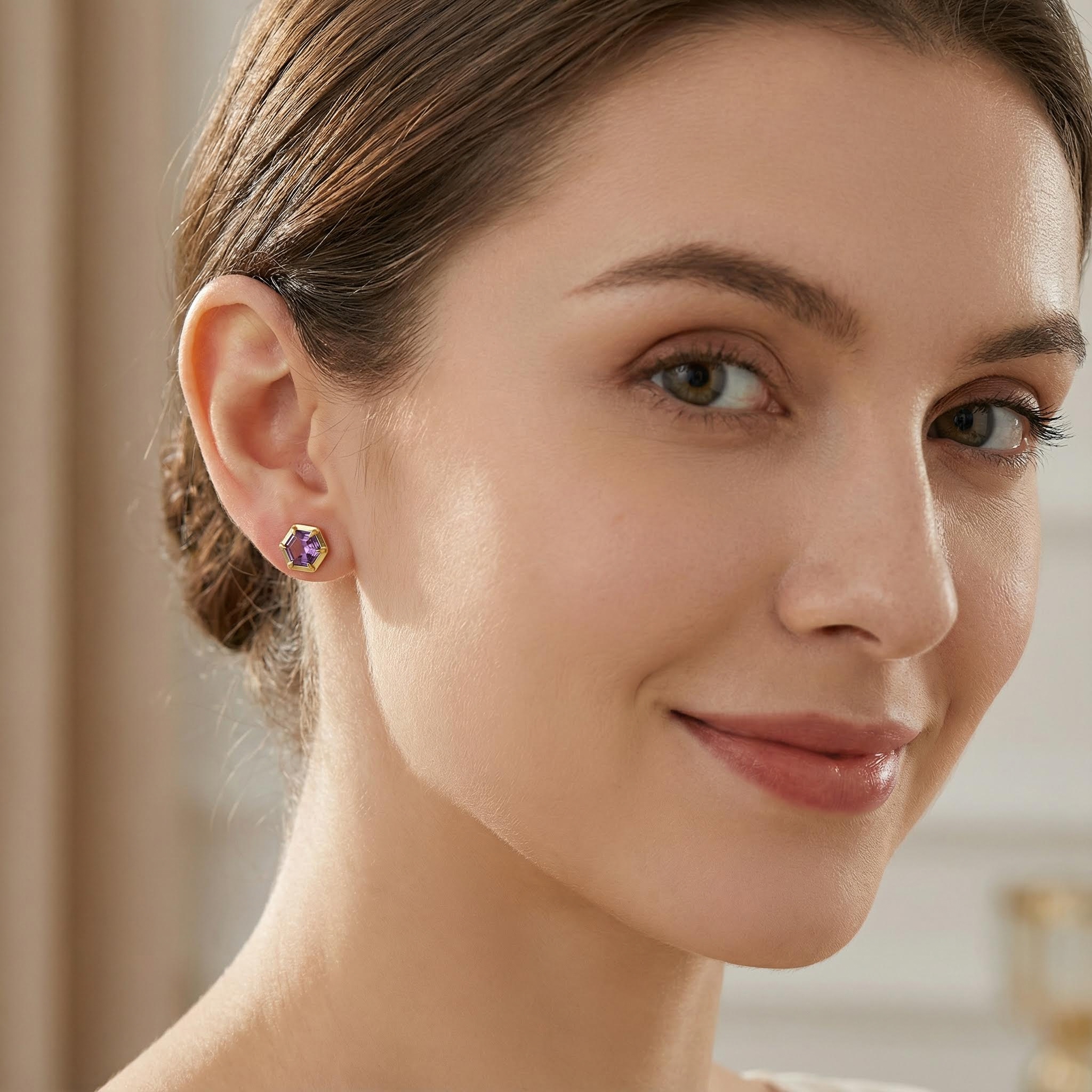 S925 Silver Purple Hexagonal Stud Earrings
