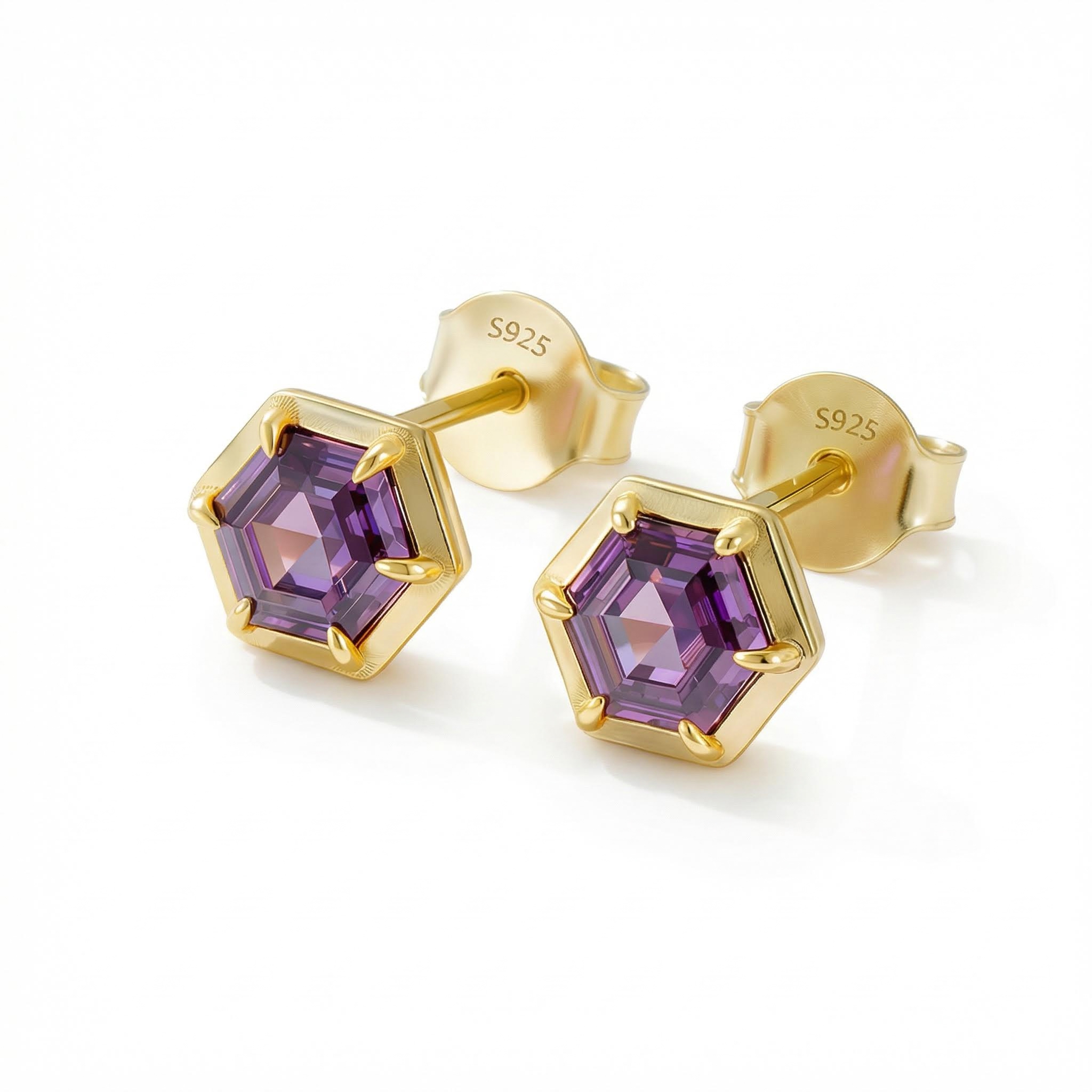 S925 Silver Purple Hexagonal Stud Earrings S925 Silver Purple Hexagonal Stud Earrings