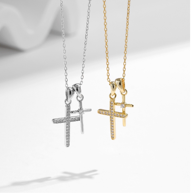 S925 Silver Double Cross Dianmond Pendent Necklace