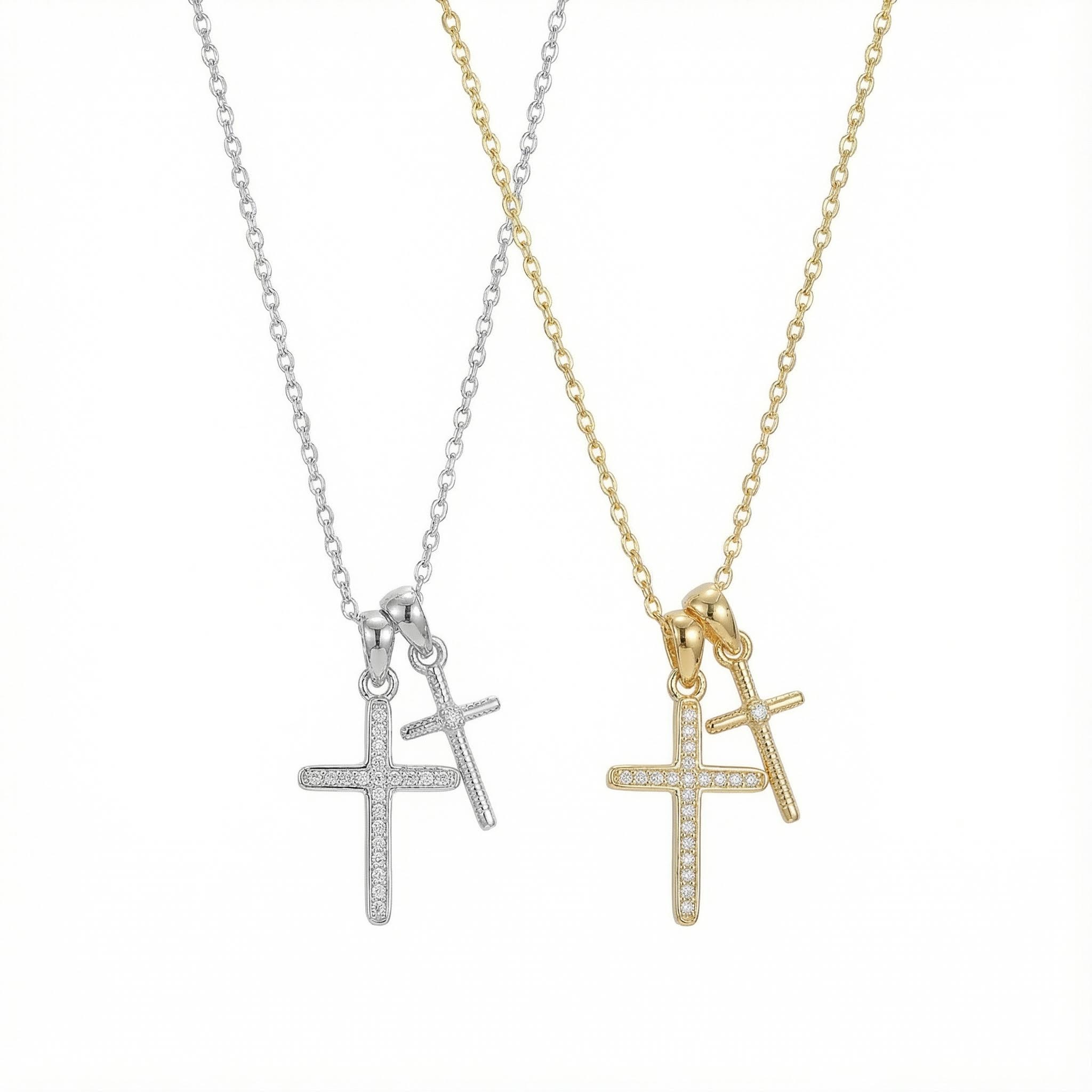 S925 Silver Double Cross Dianmond Pendent Necklace