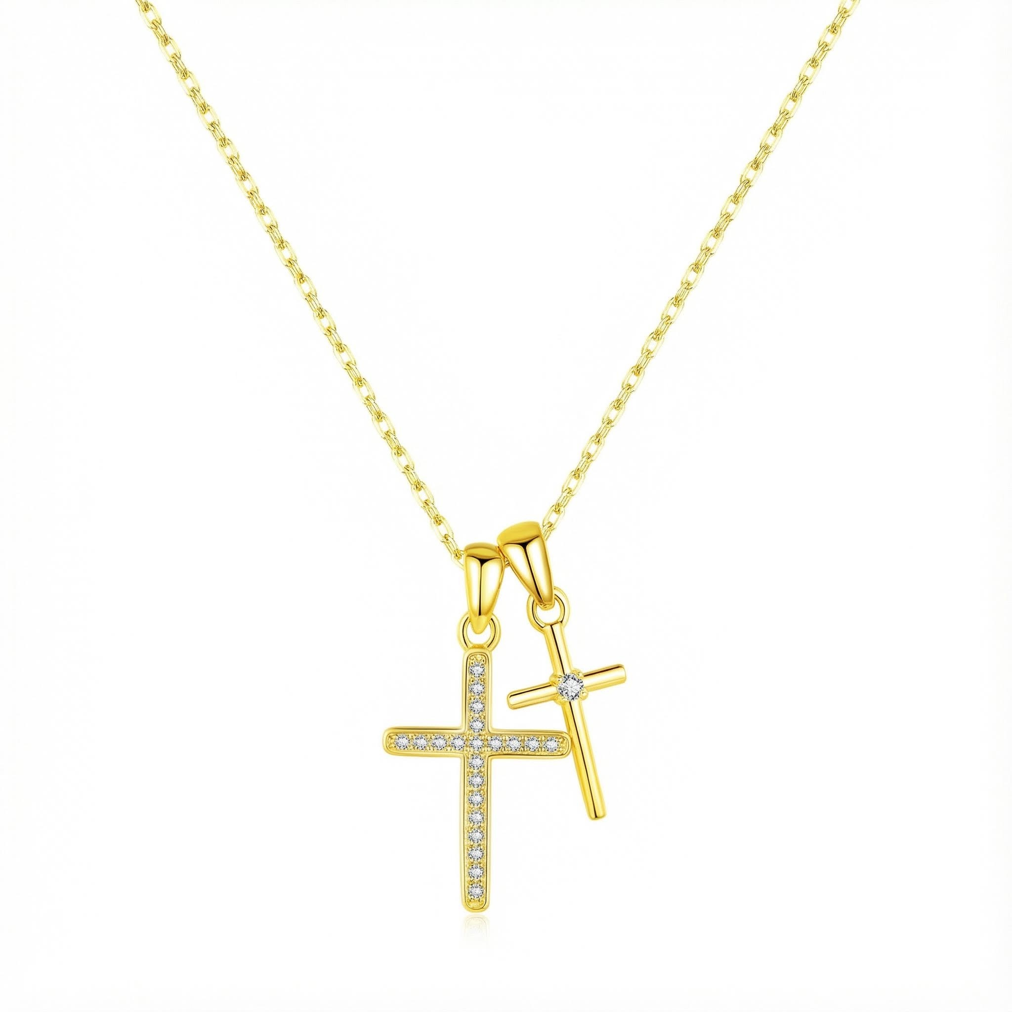 S925 Silver Double Cross Dianmond Pendent Necklace