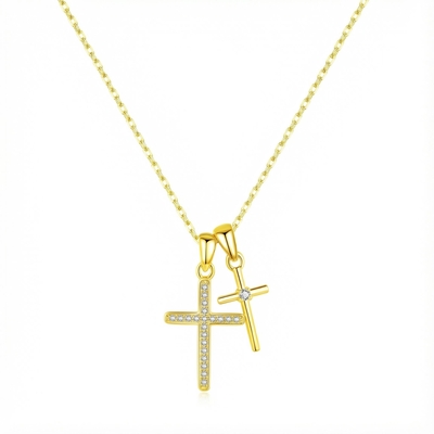 S925 Silver Double Cross Dianmond Pendent Necklace