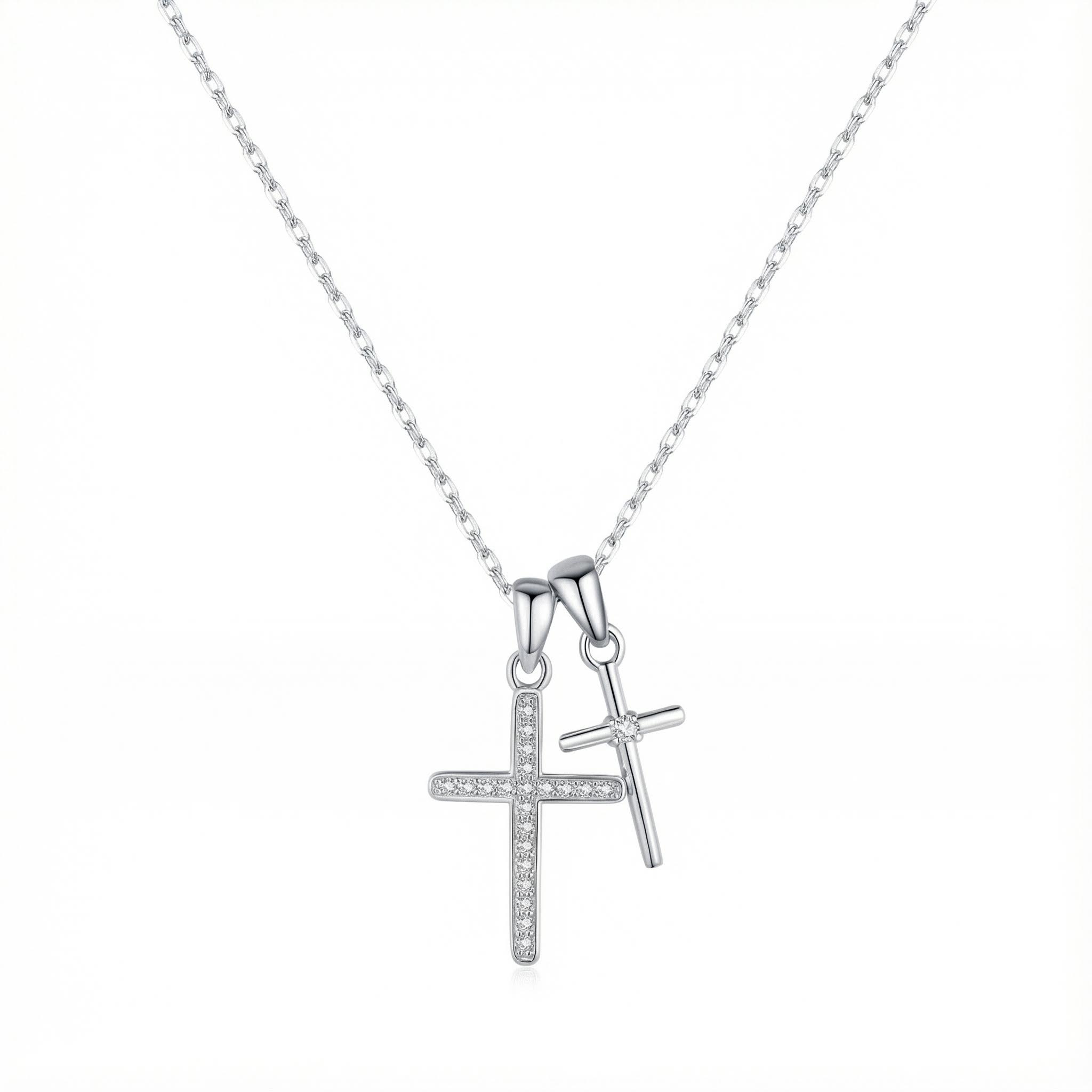 S925 Silver Double Cross Dianmond Pendent Necklace