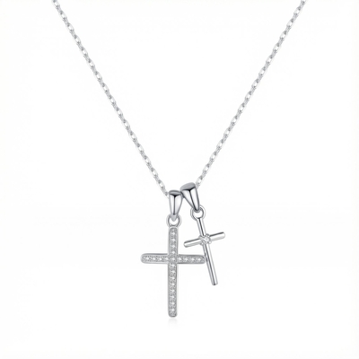 S925 Silver Double Cross Dianmond Pendent Necklace