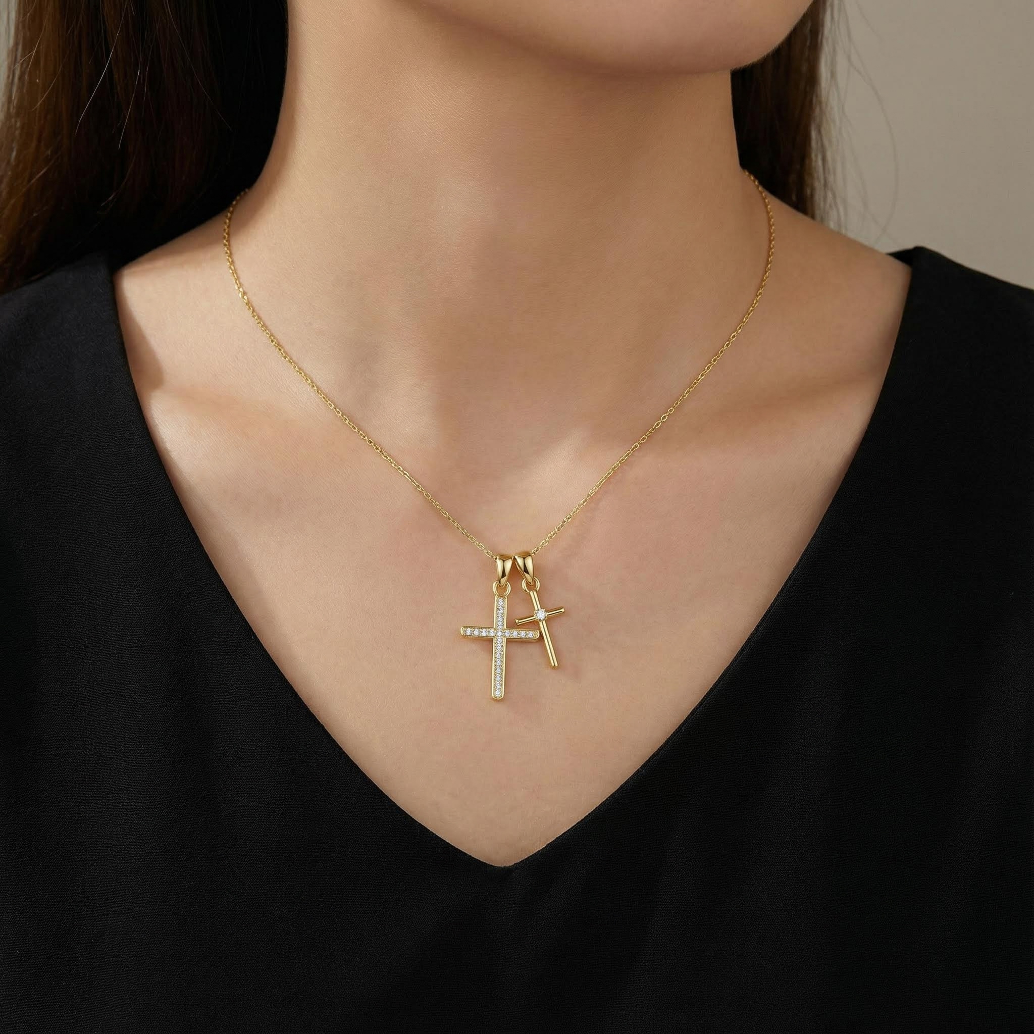 S925 Silver Double Cross Dianmond Pendent Necklace