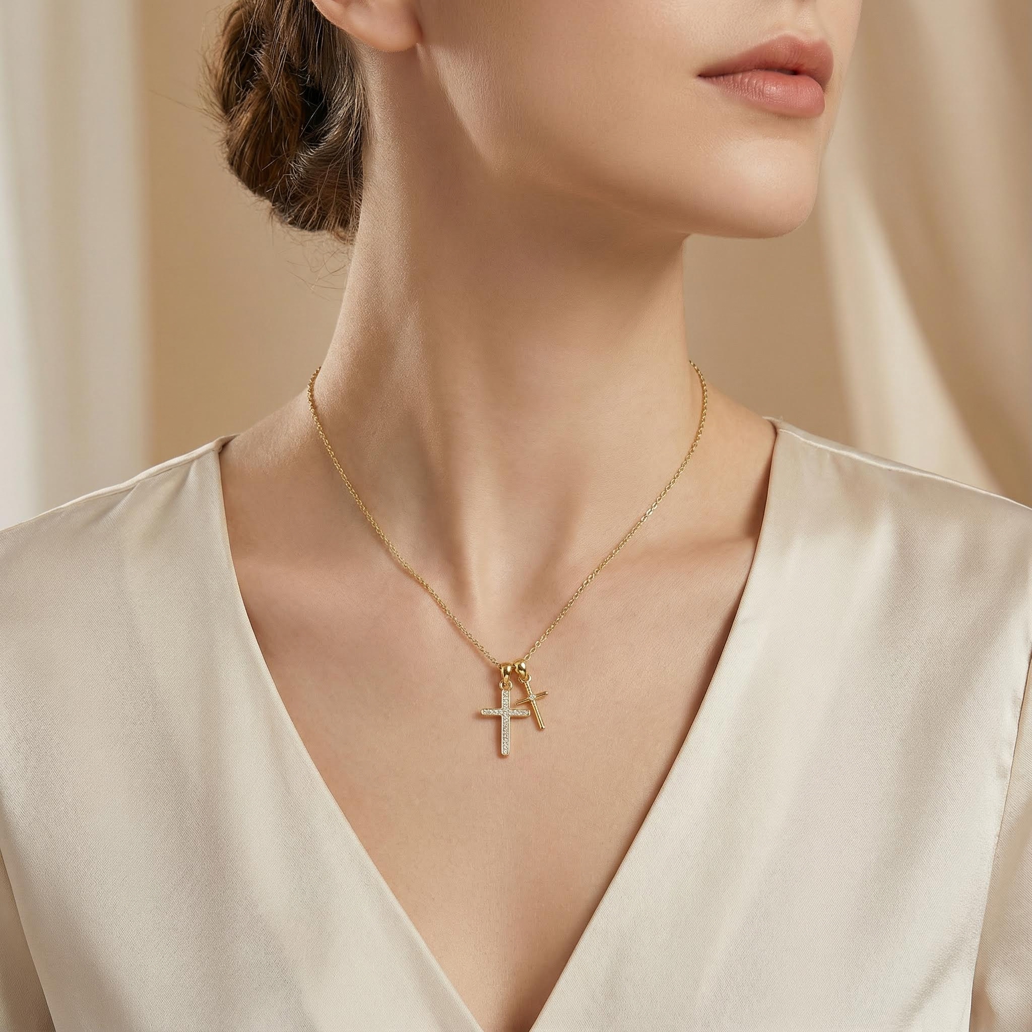 S925 Silver Double Cross Dianmond Pendent Necklace