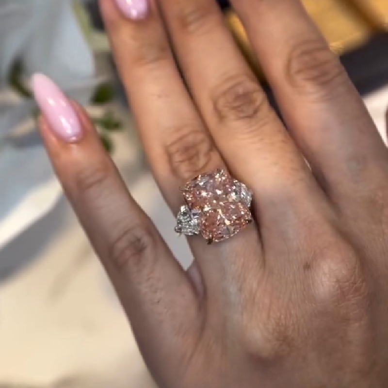 4.81CT Pink Radiant Cut Three-Stone Diamond Engagement Ring