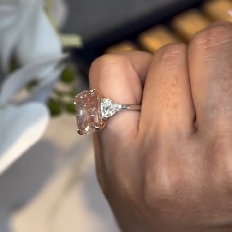 4.81CT Pink Radiant Cut Three-Stone Diamond Engagement Ring