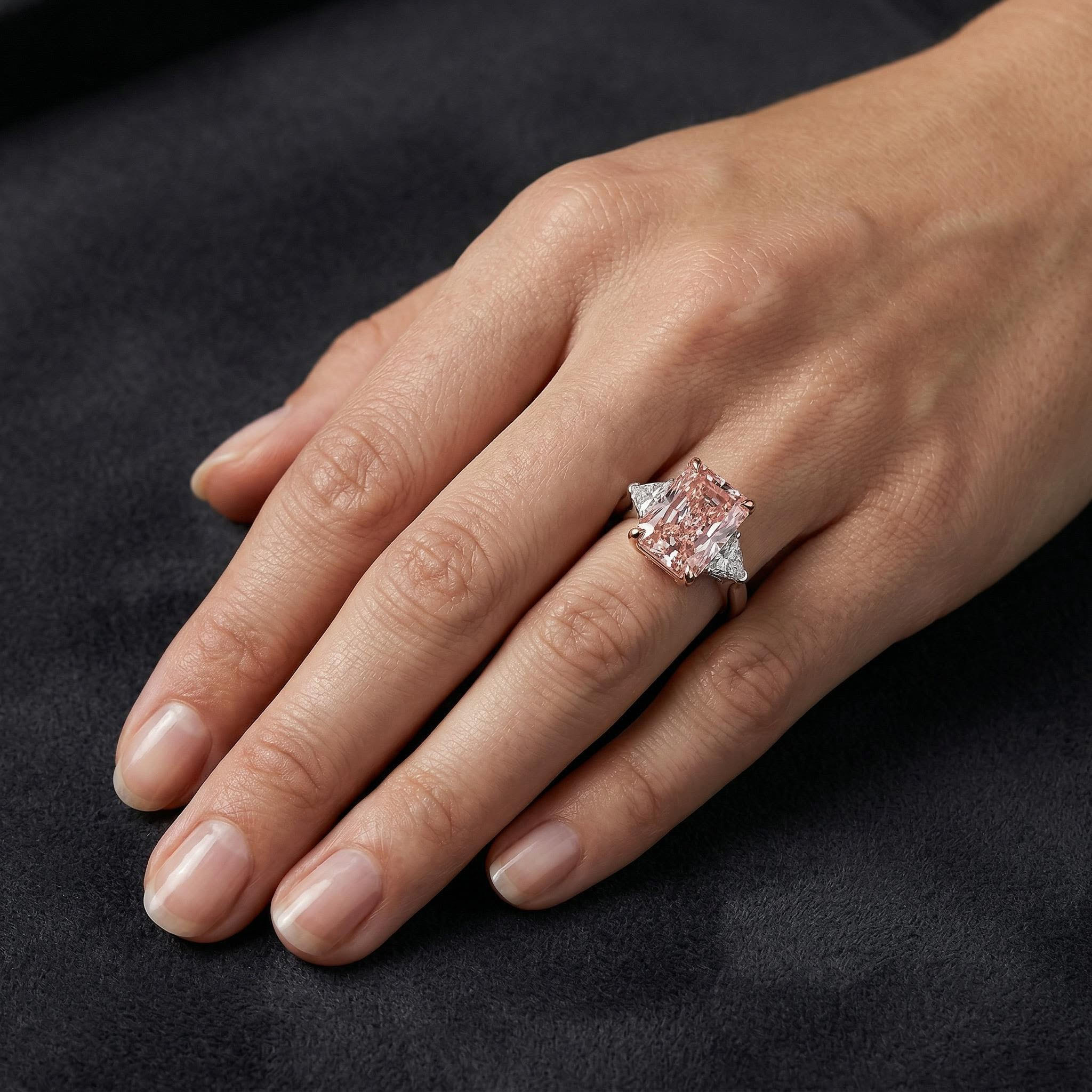 9.6ct. tw. Pink Radiant Cut Three-Stone Diamond Engagement Ring