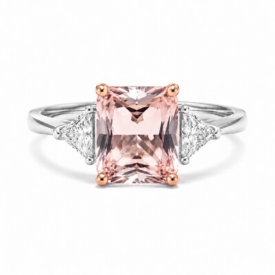 9.6ct. tw. Morganite Radiant Cut Three-Stone Diamond Engagement Ring