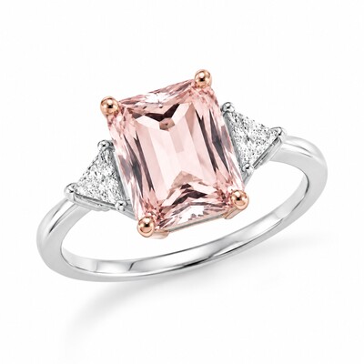 9.6ct. tw. Morganite Radiant Cut Three-Stone Diamond Engagement Ring