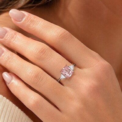9.6ct. tw. Morganite Radiant Cut Three-Stone Diamond Engagement Ring