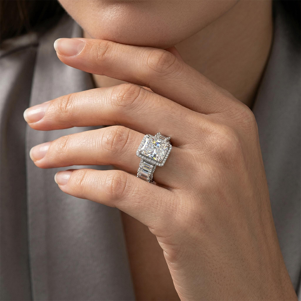 14.16ct. tw. Radiant Cut VVS Moissanite Halo Engagement Ring